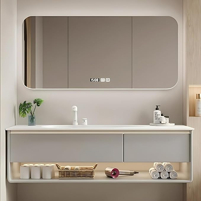 64IN Grey Bathroom Vanity Set - Floating Bathroom Vanity with Single Sink | Including LED Smart Defogging Mirror Cabinet & Time Display Function, Equipped with Motion Sensing Light Strip (Style A)