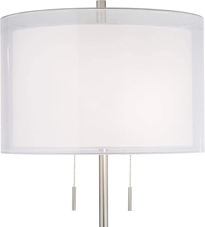Possini Euro Design Roxie Modern Standing Floor Lamp 65.5" Tall Brushed Nickel Silver Double Layer Sheer Linen Fabric Drum Shade Decor for Living Room Reading House Bedroom Home