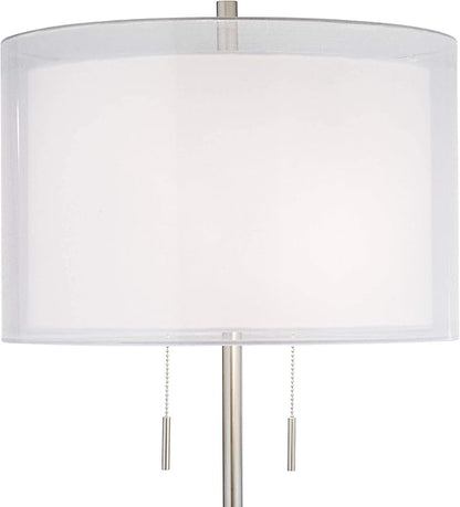 Possini Euro Design Roxie Modern Standing Floor Lamp 65.5" Tall Brushed Nickel Silver Double Layer Sheer Linen Fabric Drum Shade Decor for Living Room Reading House Bedroom Home