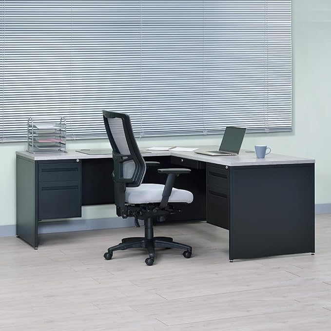 NBF Carbon L-Shaped Reversible Executive Office Work Desk - Durable Laminate Computer Desk with 4 Drawers Pedestal - Modern Desk with Storage and File Cabinet - (66" W x 78" D, Black, Gray, Maple)