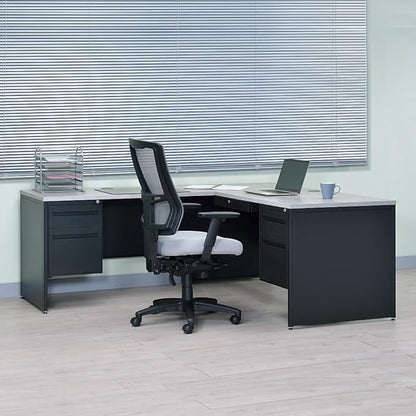 NBF Carbon L-Shaped Reversible Executive Office Desk - Durable Laminate Computer Desk with 4 Drawers Pedestal - Modern Desk with Storage and File Cabinet - Office Work Desk (66" W x 78" D, Black,Oak)