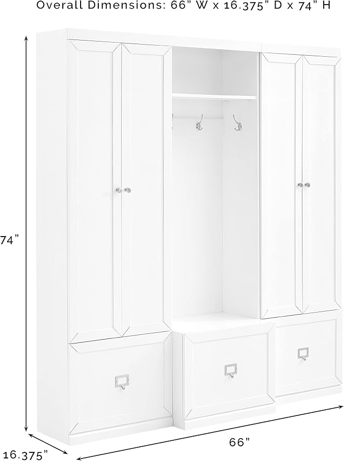 Crosley Furniture Harper 3-Piece Hall Tree and Storage Cabinet Set with Entryway Bench and Hooks for Hanging, White