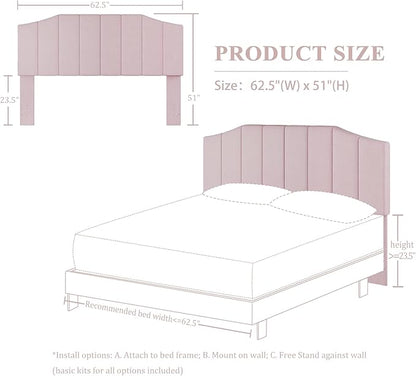 Velvet Queen Size Headboard, Upholstered Headboard Queen/Full Size Wall Mount and Bed Frame Mount, Featuring High-Density Sponge Padding Luxury Texture Easy Assembly Comfort Style-Pink