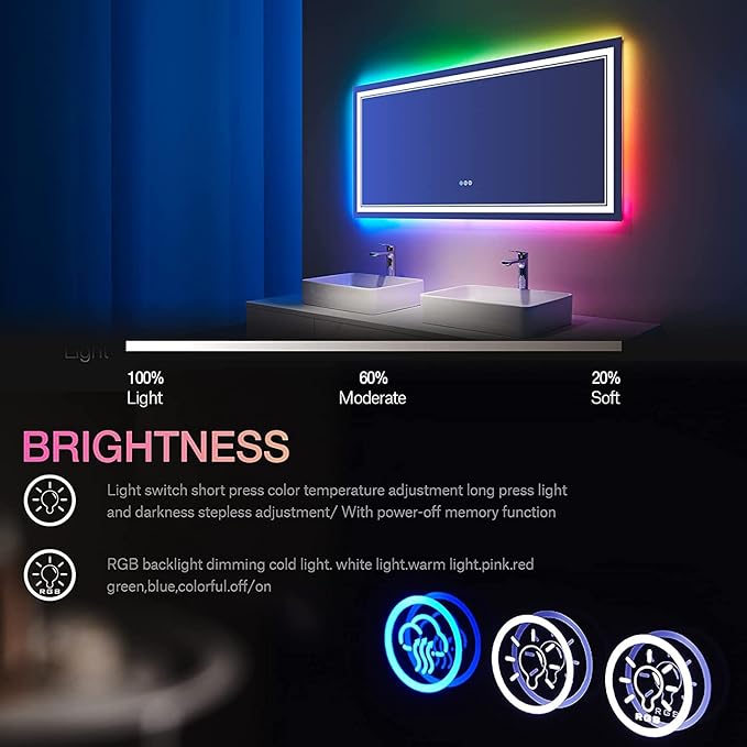 60x30 Inch LED Bathroom Mirror with Lights, Color Changing RGD Backlit and Front Light Mirror,Lighted Vanity Mirrors for Bathroom Wall, Dimmable, Anti-Fog,Shatterproof,Memory