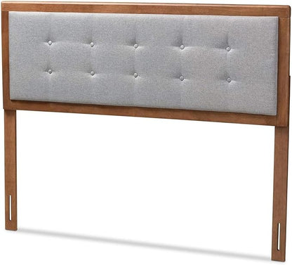 Mid-Century Marvel Fabric Upholstered Walnut Brown Finished Wood Headboard, Wall Mount Headboard Queen/Light Gray