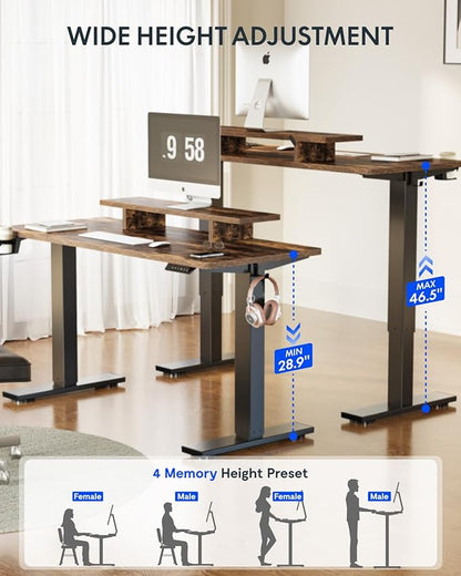 FLEXISPOT Standing Desk with Monitor Stand, 48 x 24 Inches One-Piece Electric Height Adjustable Computer Desk with Cup Holder, Home Office Desks (Black Frame+ Rustic Top)