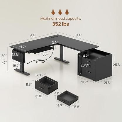SEDETA L Shaped Electric Standing Desk with File Cabinet, 63 x 53'' Height Adjustable Home Office Computer Desk with Drawers, Power Outlet, Stand up Gaming Table with Led Lights, Keyboard Tray, Black