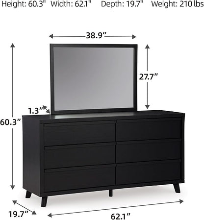 Signature Design by Ashley Danziar Mid-Century Modern 6-Drawer Dresser and Mirror with Safety Stop, Black