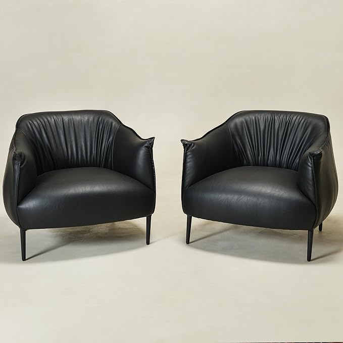 KINWELL 33" W Faux Leather Barrel Chairs Set of 2 with Hand-Tufted Pleated Back Flared Arms, Modern PU Upholstered Accent Chairs with Metal Legs, Large Armchairs Lounge Chairs for Living Room, Black