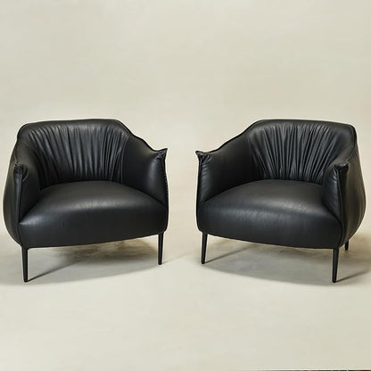KINWELL 33" W Faux Leather Barrel Chairs Set of 2 with Hand-Tufted Pleated Back Flared Arms, Modern PU Upholstered Accent Chairs with Metal Legs, Large Armchairs Lounge Chairs for Living Room, Black