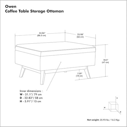 SIMPLIHOME Owen 34 inch Wide Mid Century Modern Rectangle Coffee Table Storage Ottoman in Ebony Tweed Look Fabric, Assembled, for the Living Room, Entryway and Family Room