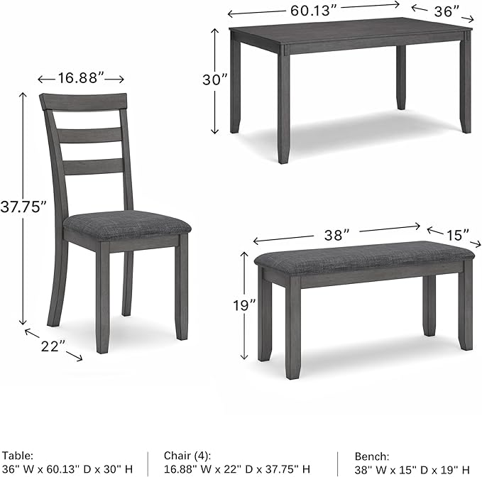 Signature Design by Ashley Bridson Modern 6 Piece Dining Set, Includes Dining Table, 4 Chairs & Bench, Gray