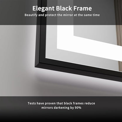 LED Bathroom Mirror, 60x40 Inch Black Framed Gradient Front and Backlit Bathroom Mirror with LED Lights, 3 Colors Dimmable CRI>90, IP54 Enhanced Anti-Fog Wall Mounted Backlit Mirror