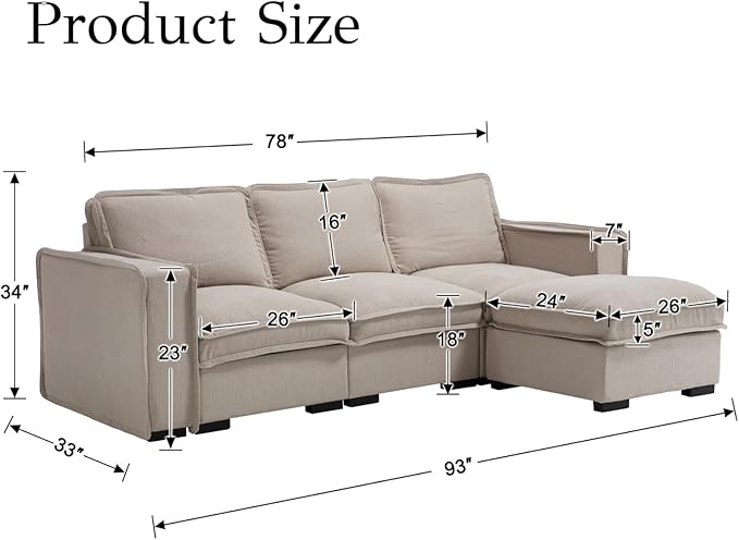 EALSON 93" Modular Sectional Sofa Comfy Cloud Couch with Ottoman Modern Convertible L Shape Couches with Wooden Legs Linen Deep Seat Couch 4-Seater Sofa for Living Room/Apartment, Oatmeal