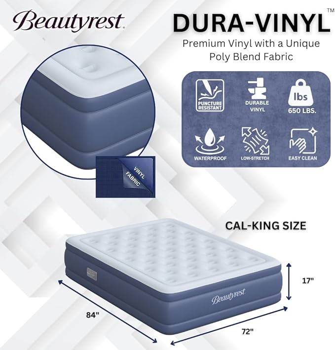 Beautyrest Supreme Air, Cal-King Size Air Mattress with Built-in Pump, Raised Inflatable Bed, Puncture-Resistant Vinyl, Auto Shut-Off, 650lb Support, Guest Bed, Camping Airbed, 3-Year Warranty