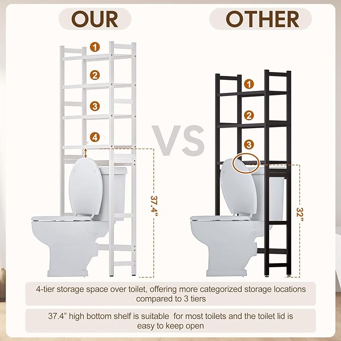 Over The Toilet Storage with 2 Baskets, 4-Tier Bamboo Organizer Rack with Paper Holder & 4 Hooks & Waterproof Feet Pad,Freestanding Shelf for Bathroom(White)