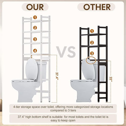 Over The Toilet Storage with 2 Baskets, 4-Tier Bamboo Organizer Rack with Paper Holder & 4 Hooks & Waterproof Feet Pad,Freestanding Shelf for Bathroom(White)