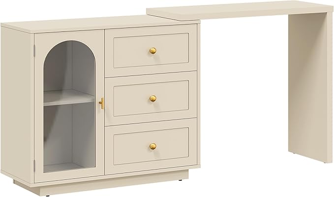 RoyalCraft L Shaped Home Office Desk, Extendable and Rotatable Desk with 3 Drawers and Door, Corner Computer Desk, Modern Study Writing Table for Bedroom, Home Office, Beige