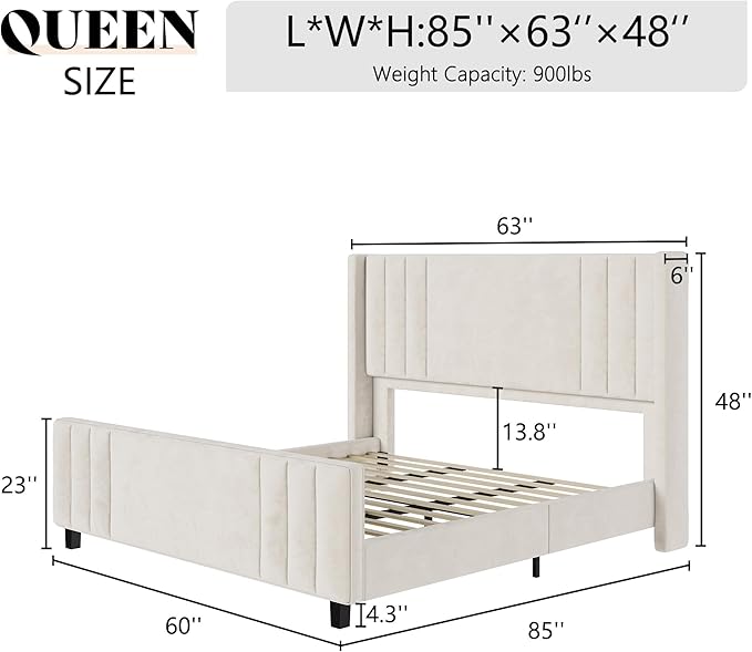 AMERLIFE Queen Size Bed Frame, Velvet Upholstered Platform Bed with Vertical Channel Tufted Headboard & Footboard/Wingback, Mattress Foundation with Wood Slats, No Box Spring Needed, Cream