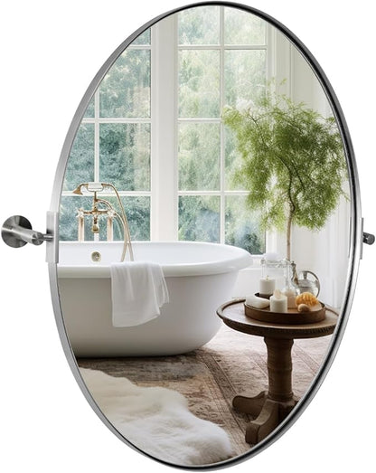 ANDY STAR Brushed Nickel Bathroom Mirror, 20 x 30 Inch Oval Pivot Mirror for Wall, Unique Farmhouse Tilt Mirror in Slim Silver Stainless Steel Metal Frame for Bedroom, Powder Room