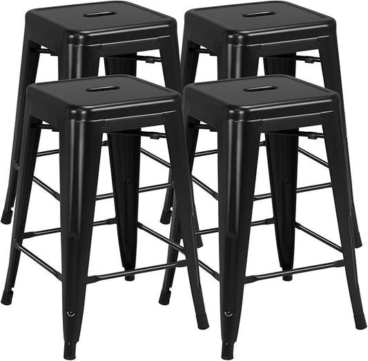 Yaheetech 24 Inch Metal Barstools Set of 4, Counter Height Backless Stools, Industrial Stackable Bar Chairs with Footrest for Kitchen/Dining Room/Bistro/Patio, Black