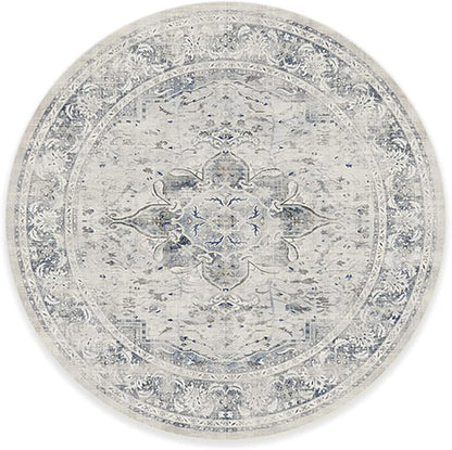 RUGGABLE Washable Vintage Area Rug – Sarrah Blue Quartz 8 ft Round, Stain-Resistant, Non-Slip – Large Machine Washable Rugs for Living Room, Bedroom, Hallway, Entryway & Office–with Standard Pad