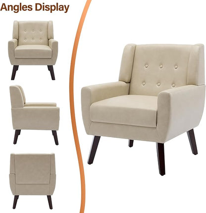 Lumibee Accent Chairs Set of 2, Modern Faux Leather Armchairs for Living Room, Comfy Upholstered Arm Chairs Tufted for Indoor Bedroom Office Room (P Cream)