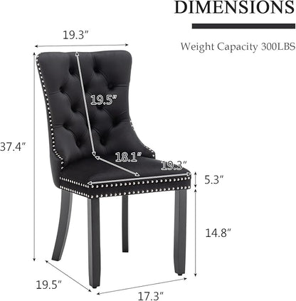 Velvet Dining Chairs Set of 2, Tufted Dining Room Chairs with Nailhead Ring Pull Trim, Upholstered Dining Chairs with Solid Wood Legs for Kitchen Dining Room (Black)