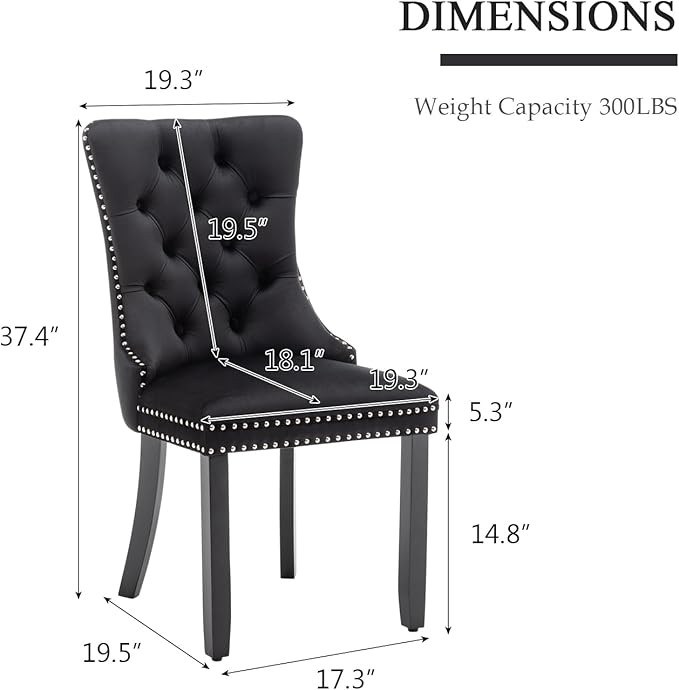 Velvet Dining Chairs Set of 4, Upholstered Dining Room Chairs with Nailhead Ring Pull Trim, Button Tufted Wing Back Chairs for Dining with Solid Wood Legs for Kitchen Dining Room(Black)