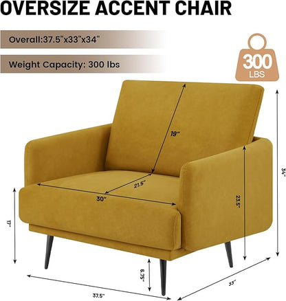 Oversized Accent Chair for Living Room Chairs Reading Arm Chair Comfy Modern Single Sofa Side Chairs with Metal Legs & Soft Cushion for Bedroom, Waiting Room (Velvet Yellow, Set of 1)