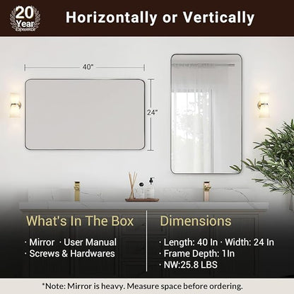 ANDY STAR Black Bathroom Mirror, 24”x40” Rounded Corner Rectangle Mirror, Modern Metal Frame Bathroom Vanity Mirror(Matte Black Finish)