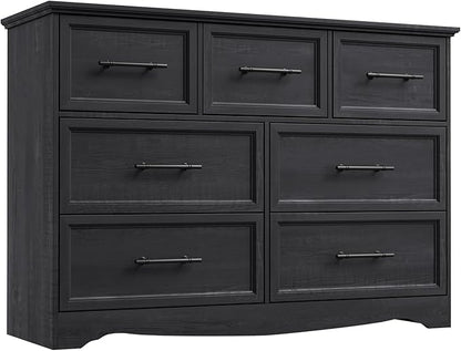 Black Farmhouse Dresser for Bedroom, Modern 7 Chest of Drawers, 47" Wide Chest of Drawers w/Brushed Metal Handle, Wood Dresser TV Stand and Storage Cabinet for Bedroom, Living Room, Hallway