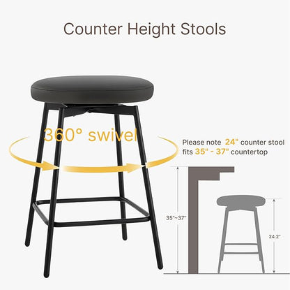 Swivel Bar Stools Set of 2, 24" Counter Height Bar Stool, Backless Barstools with Faux Leather Upholstered Seat&Sturdy Wood Legs for Kitchen Island, Black