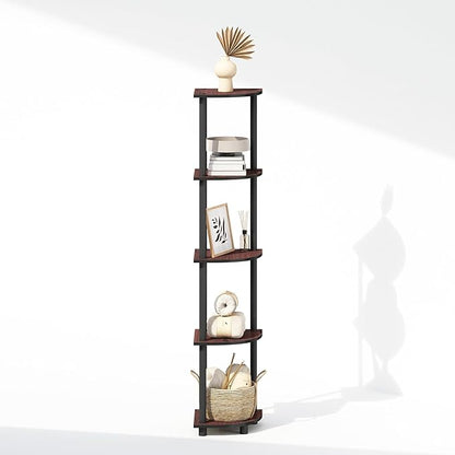 Furinno Turn-N-Tube Corner Shelf, 5-Tier Corner Bookshelf, Open Storage Shelves, for Organization and Storage, Living Room, Home Office, Garage, Bedroom, Dark Cherry