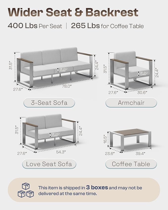 Aluminum Outdoor Furniture Set, 4 Seats Outdoor Patio Conversation Sets with Ergonomic Seat and Wide Washable Thick Cushions, Modern Patio Sectional Furniture for Balcony, Porch (Gray)