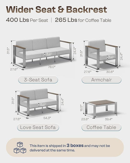 Aluminum Patio Furniture Set, 5 Seats Outdoor Patio Conversation Sets with Ergonomic Seat and Wide Washable Thick Cushions, Modern Outdoor Sectional Furniture for Balcony, Porch (Gray)