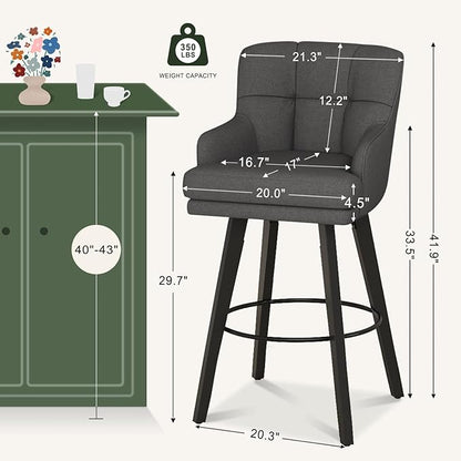 360°Swivel Counter Height Bar Stools with Back, 30 inch Solid Wood Legs, Bar Stool Modern Kitchen Island Chairs, Fabric (Black Grey- Fabric, 30" H- Set of 3)