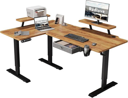 Radlove 63-Inch Large Electric Height Adjustable Computer L-Shaped Desk with Memory Controller Corner Standing Desk Modern Workstation with Splice Board Ergonomic Desk (Black Frame + Rustic Brown Top)