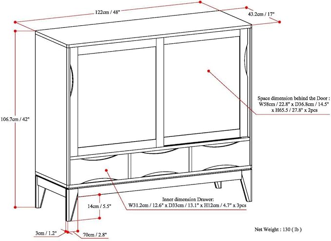 SIMPLIHOME Harper Medium Storage Cabinet - 48 inch Wide Solid Hardwood Sliding Door Cabinet in Teak Brown, Mid-Century Modern Cupboard for Living Room or Entryway with 3 Drawers and Tapered Legs