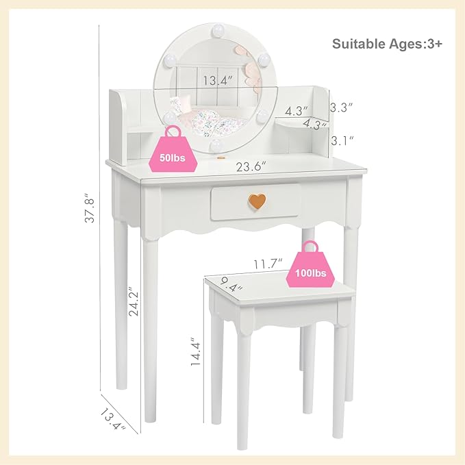 UTEX Kids Vanity, Girls Vanity Set with Mirror and Stool and Lights, Kids Vanity Table and Chair Set,Wooden Princess Makeup Desk Dressing Table, White
