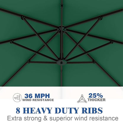 7 Piece Patio Dining Set with 11ft Patio Umbrella (Dark Green), 7 Gray Outdoor HDPE Dining Set with 6 Chairs + 1 Large Table, for Market, Pool, Garden, Backyard, Deck