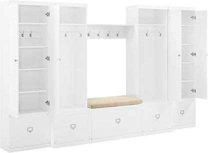 Crosley Furniture Harper 6-Piece Hall Tree, Storage Cabinet, Shoe Rack Bench, and Wall Shelf Set with Hooks, White