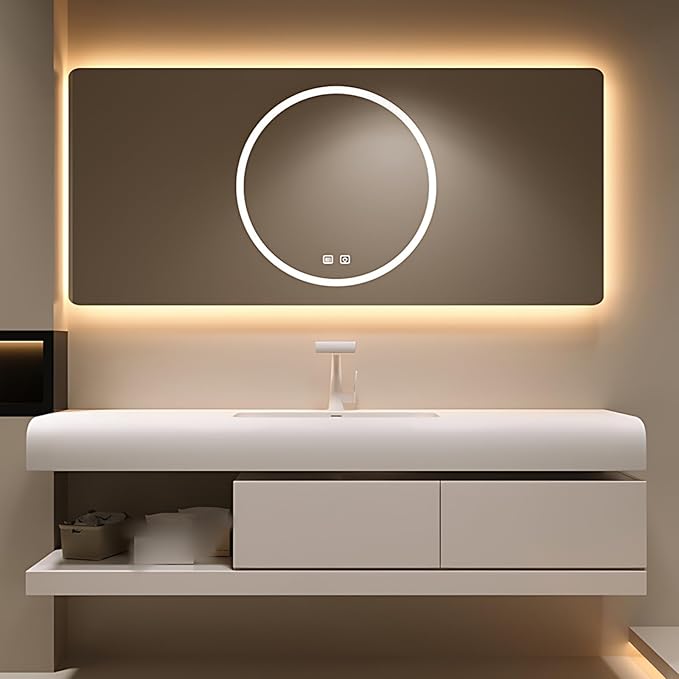 56IN Bathroom Vanity with Sink - Bathroom Cabinet Set has 2 Drawers & Overflow Hole Wall Mounted | LED Practical Defogging Mirror, Open Compartments, Seamless Rock Slab Basin (Cream White)