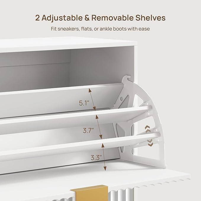 SICOTAS Fluted Shoe Cabinet Storage for Entryway with 2 Flip Drawers-11.8" Deep Freestanding Shoe Organizer Cabinet with 6-Tier Shelves, Large 20 Pairs Shoes Rack Cabinet for Foyer Hallway, White