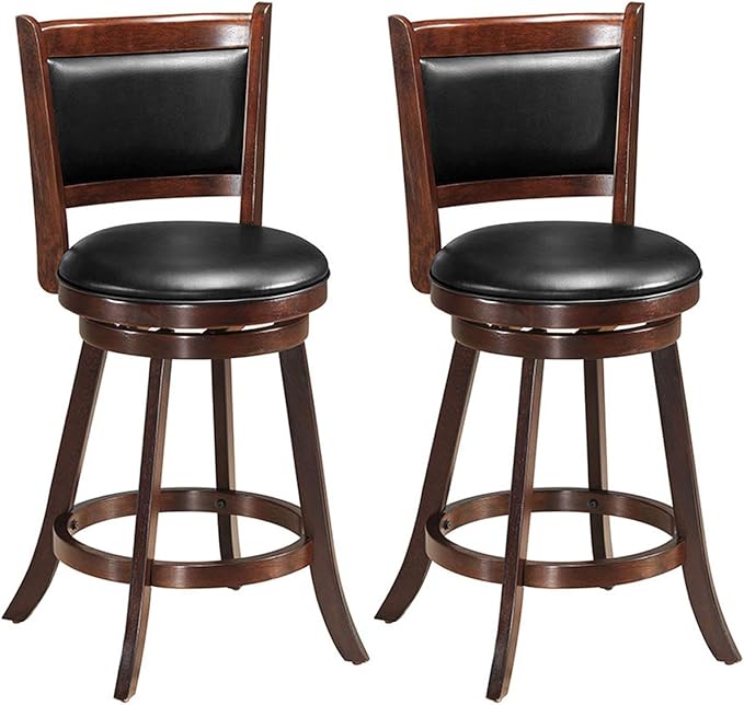 COSTWAY Bar Stools Set of 2, 360 Degree Swivel, Accent Wooden Swivel Seat Counter Height Bar Stool, Leather Upholstered Design, PVC Cushioned Seat, Perfect for Dining and Living Room (Height 24")