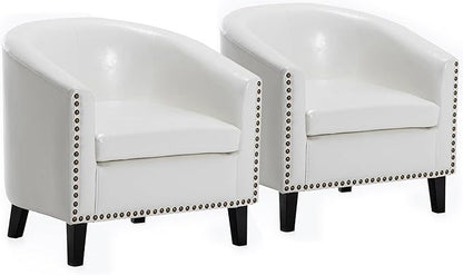 BELLEZE Accent Barrel Chairs Set of 2, Modern Tub Club Chairs Upholstered Armchairs for Living Room, Faux Leather Chairs with Gold Nail Head Trim Black Legs - Kyara (White)