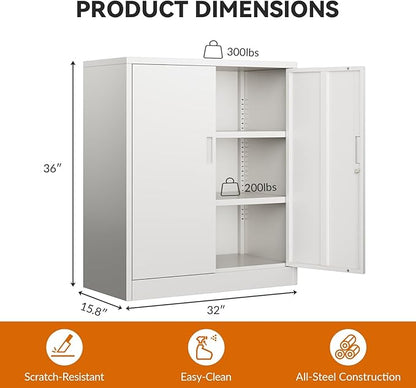 BESFUR Metal Storage Cabinet 36" H, White Locking Cabinet with 2 Lockable Doors and 2 Adjustable Shelves, Garage Storage Cabinet for Home Office, Garage, School, Apartment, Warehouse