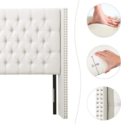 Lucky Monet Linen Upholstered Headboard Queen Size (Headboard Only), Nail Head Trim Wingback Tufted Button Headboard Luxury Soft Padded Head Board with Durable Metal Legs, Adjustable Height, Beige
