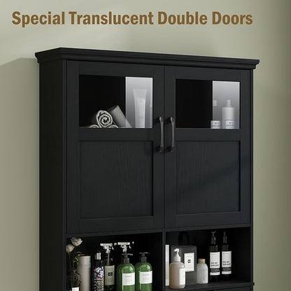 Vabches Over The Toilet Storage Cabinet, Storage Cabinet Over Toilet with Double Doors & Toilet Paper Holder Stand, Freestanding Toilet Shelf Space Saver with Anti-Tip Design & Adjustable Shelf, Black