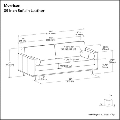 SIMPLIHOME Morrison 89-inch Wide Sofa in Lead Black Genuine Leather, Mid-Century Modern Design Couch for Living Room, Single Bench Cushion, 2 Back Cushions, 2 Bolster Pillows